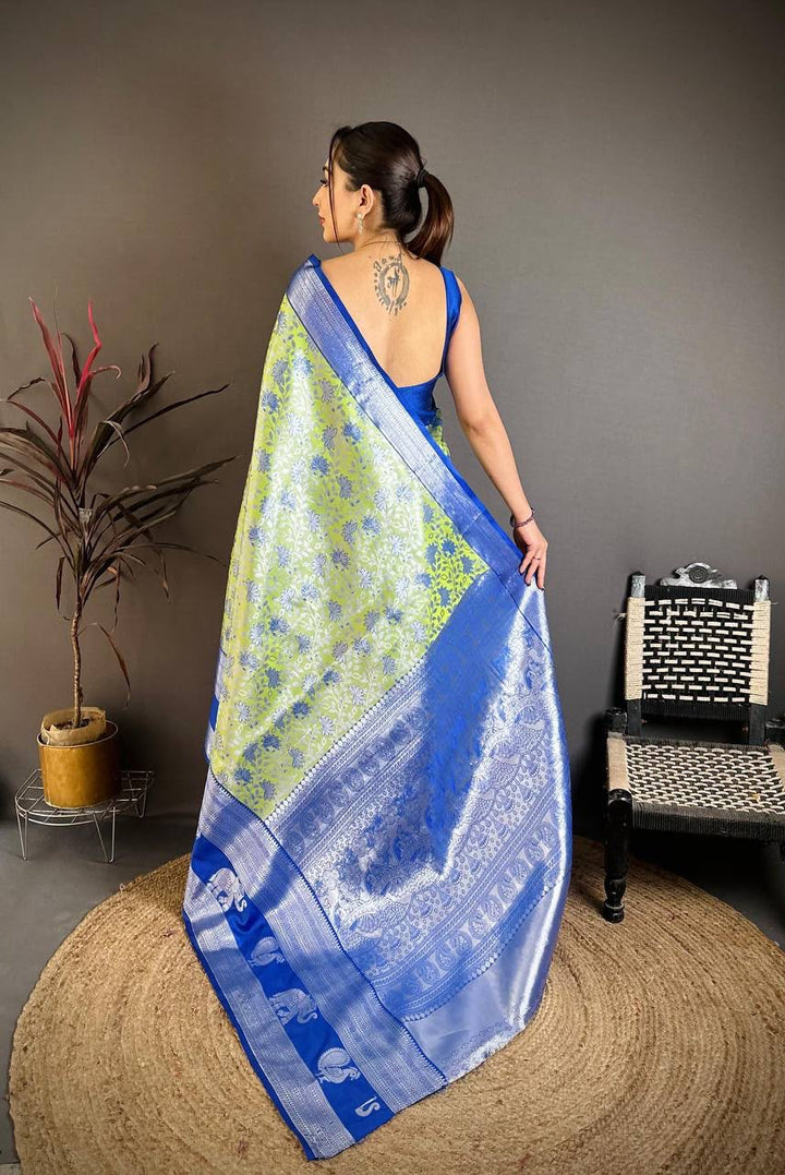 Pure Kanjivaram Silk Saree with Contrast Border &amp; Rich Silver Zari Woven Pallu | Handloom Weaving | Running Work Blouse-PISTA