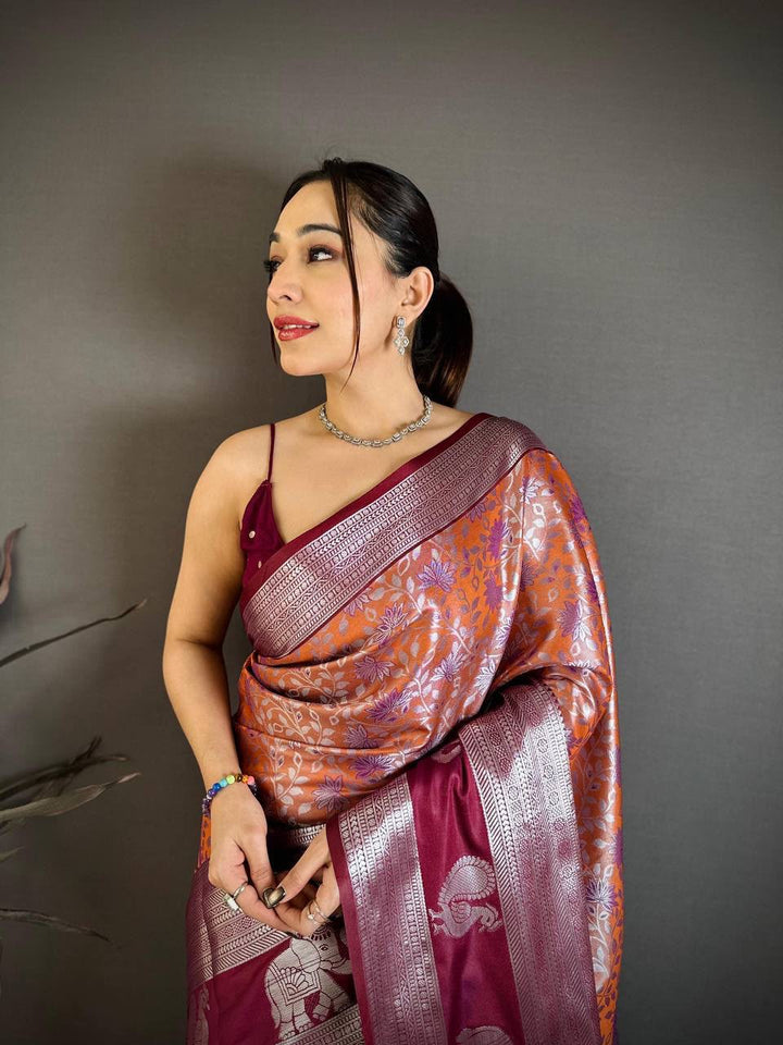 Pure Kanjivaram Silk Saree with Contrast Border &amp; Rich Silver Zari Woven Pallu | Handloom Weaving | Running Work Blouse-ORANGE