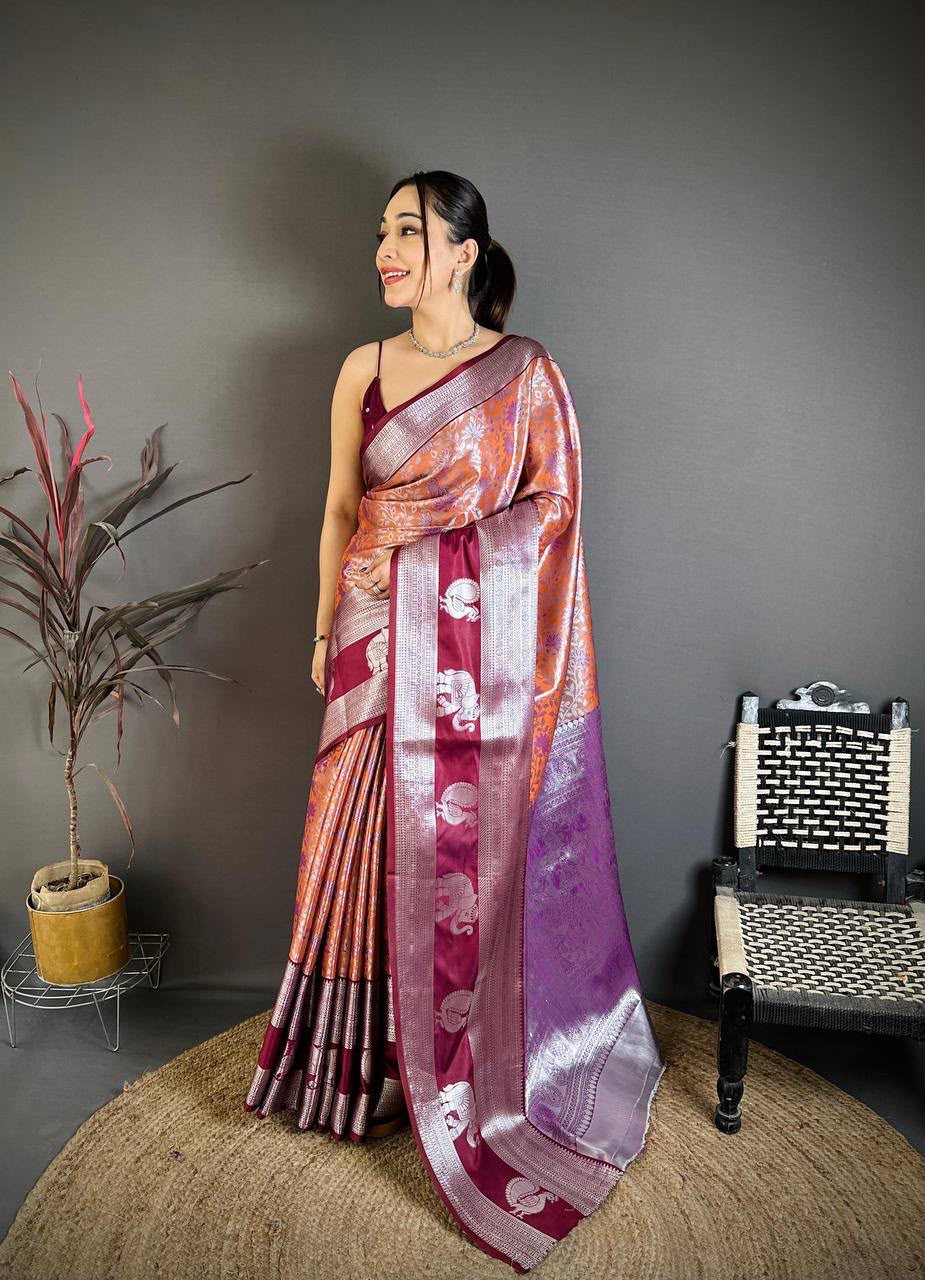 Pure Kanjivaram Silk Saree with Contrast Border &amp; Rich Silver Zari Woven Pallu | Handloom Weaving | Running Work Blouse-ORANGE