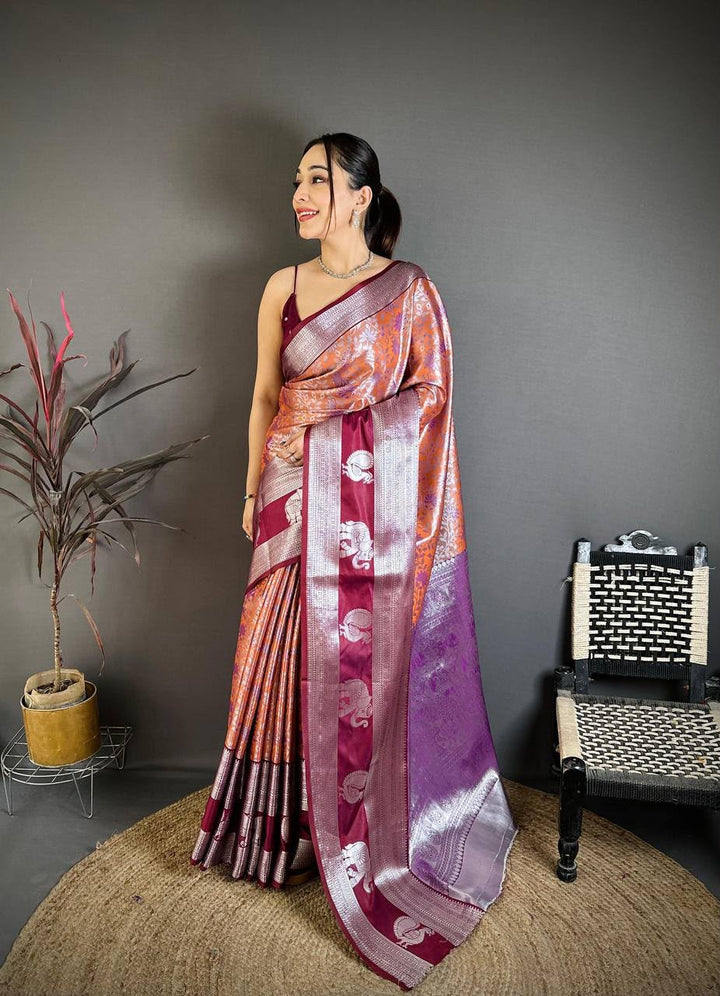 Pure Kanjivaram Silk Saree with Contrast Border &amp; Rich Silver Zari Woven Pallu | Handloom Weaving | Running Work Blouse-ORANGE