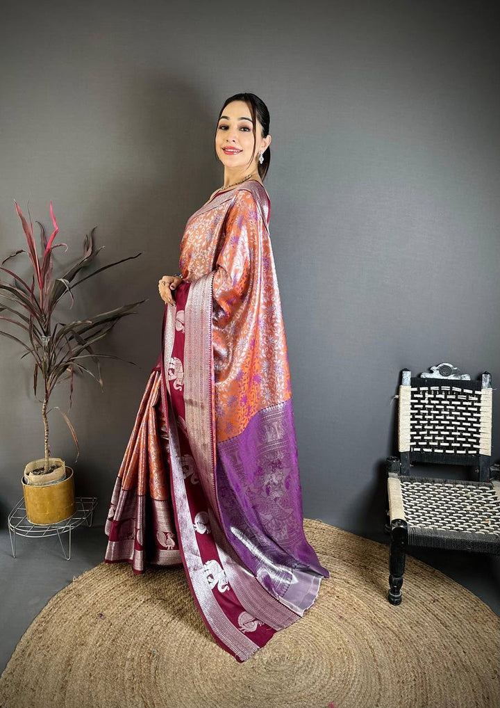Pure Kanjivaram Silk Saree with Contrast Border &amp; Rich Silver Zari Woven Pallu | Handloom Weaving | Running Work Blouse-ORANGE