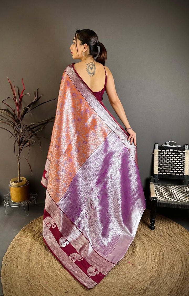 Pure Kanjivaram Silk Saree with Contrast Border &amp; Rich Silver Zari Woven Pallu | Handloom Weaving | Running Work Blouse-ORANGE