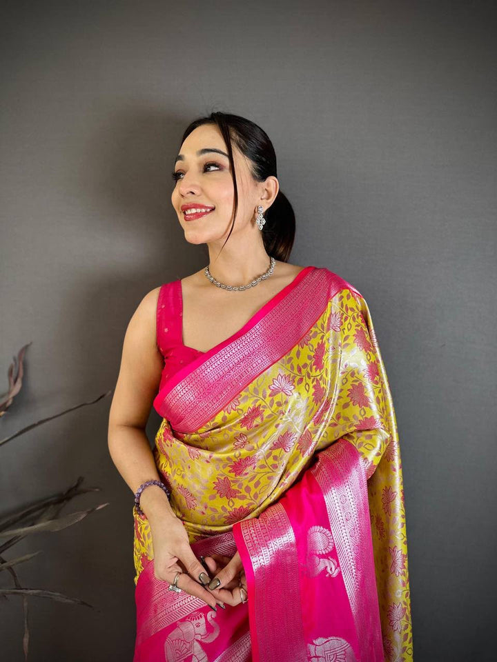 Pure Kanjivaram Silk Saree with Contrast Border &amp; Rich Silver Zari Woven Pallu | Handloom Weaving | Running Work Blouse-YELLOW