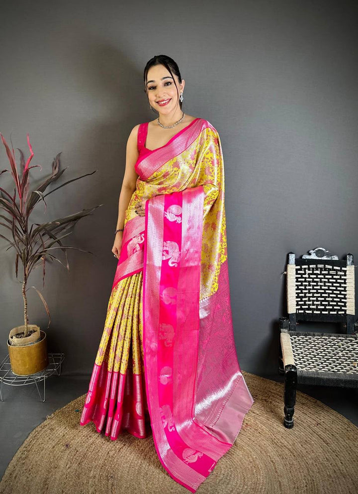 Pure Kanjivaram Silk Saree with Contrast Border &amp; Rich Silver Zari Woven Pallu | Handloom Weaving | Running Work Blouse-YELLOW