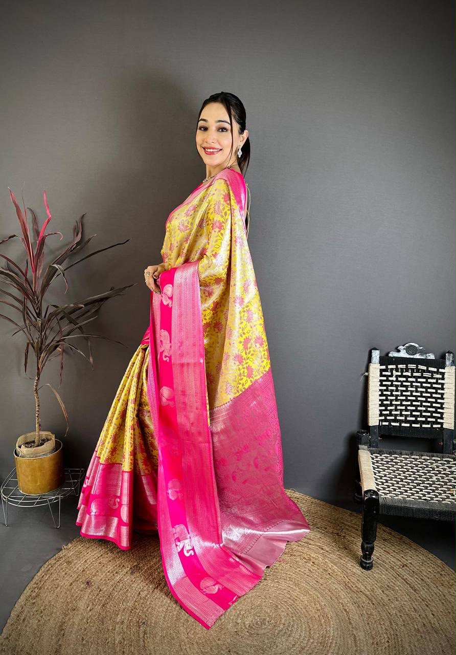 Pure Kanjivaram Silk Saree with Contrast Border &amp; Rich Silver Zari Woven Pallu | Handloom Weaving | Running Work Blouse-YELLOW