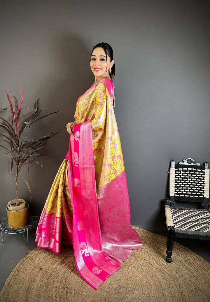 Pure Kanjivaram Silk Saree with Contrast Border &amp; Rich Silver Zari Woven Pallu | Handloom Weaving | Running Work Blouse-YELLOW