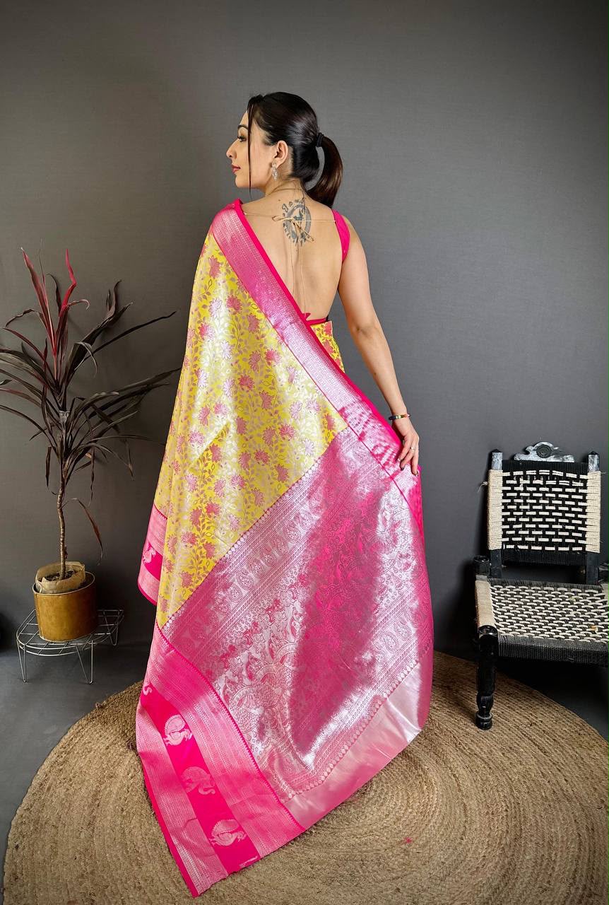 Pure Kanjivaram Silk Saree with Contrast Border &amp; Rich Silver Zari Woven Pallu | Handloom Weaving | Running Work Blouse-YELLOW