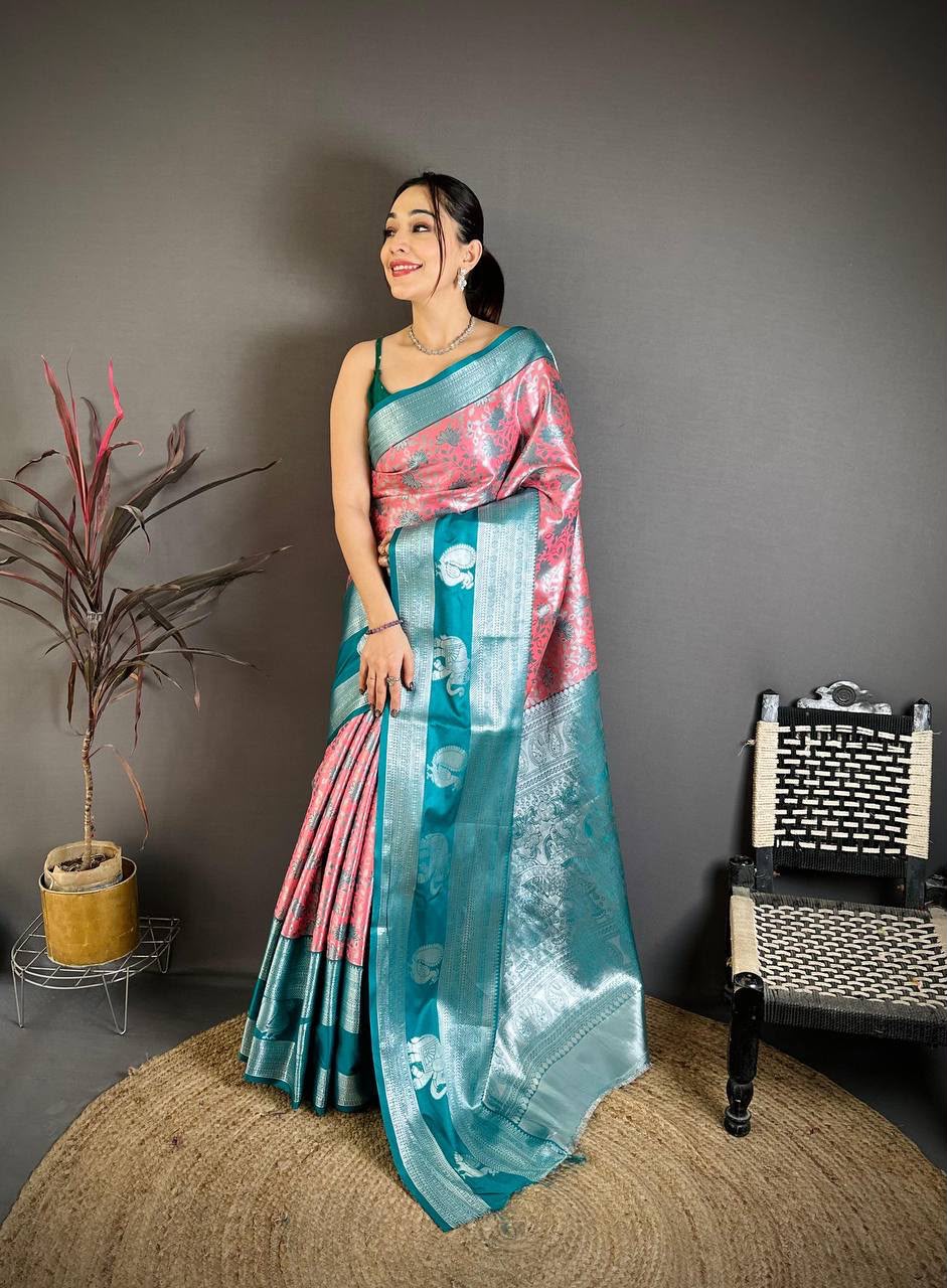 Pure Kanjivaram Silk Saree with Contrast Border &amp; Rich Silver Zari Woven Pallu | Handloom Weaving | Running Work Blouse-PEACH