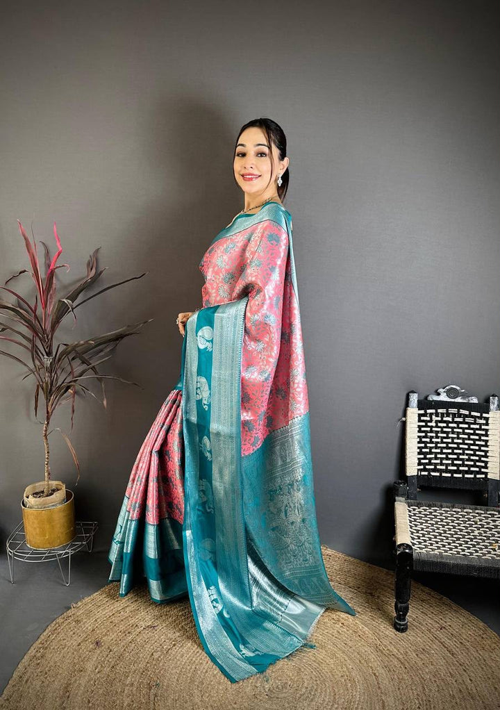 Pure Kanjivaram Silk Saree with Contrast Border &amp; Rich Silver Zari Woven Pallu | Handloom Weaving | Running Work Blouse-PEACH