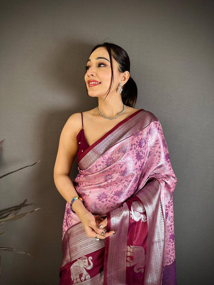 Pure Kanjivaram Silk Saree with Contrast Border &amp; Rich Silver Zari Woven Pallu | Handloom Weaving | Running Work Blouse-PINK