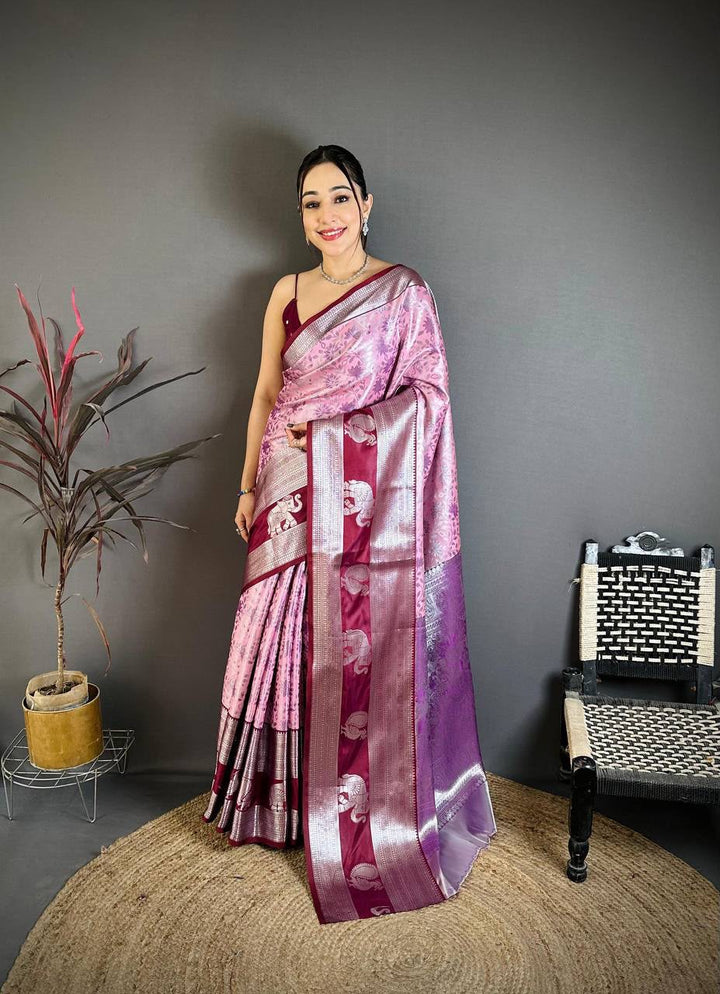 Pure Kanjivaram Silk Saree with Contrast Border &amp; Rich Silver Zari Woven Pallu | Handloom Weaving | Running Work Blouse-PINK