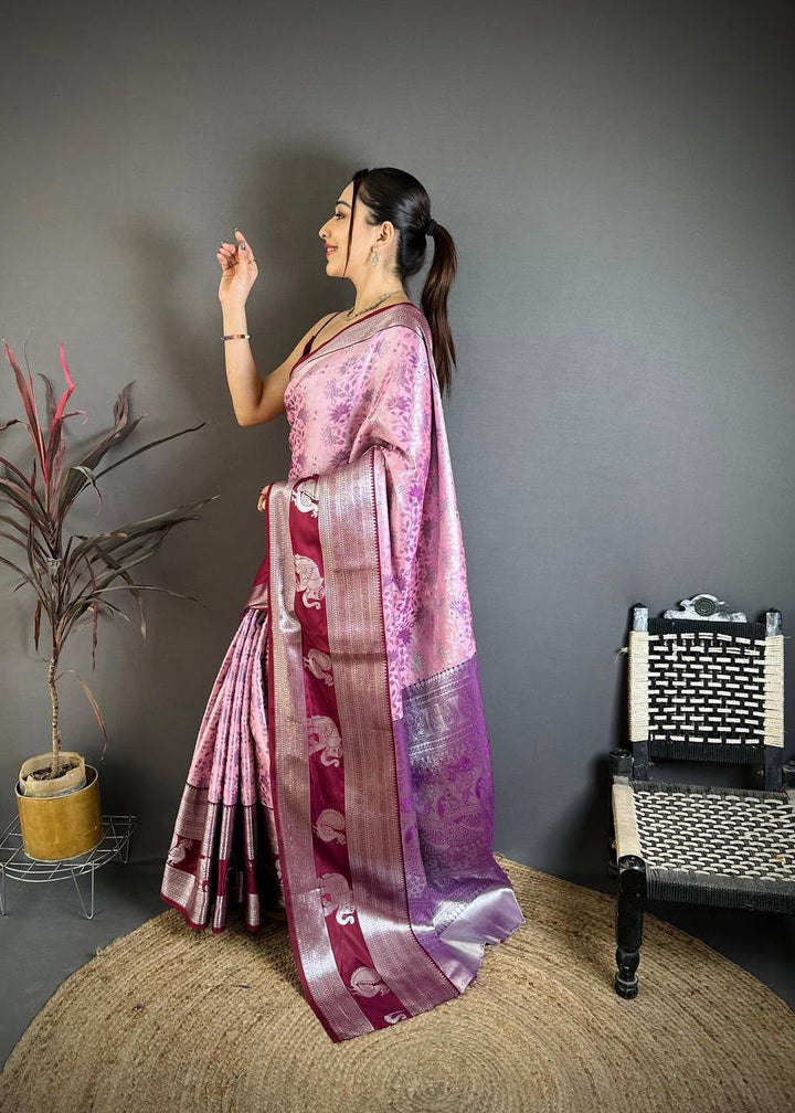 Pure Kanjivaram Silk Saree with Contrast Border &amp; Rich Silver Zari Woven Pallu | Handloom Weaving | Running Work Blouse-PINK