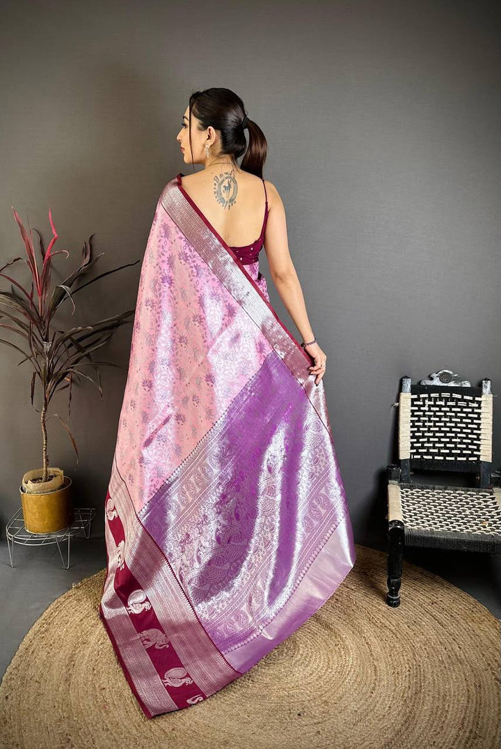 Pure Kanjivaram Silk Saree with Contrast Border &amp; Rich Silver Zari Woven Pallu | Handloom Weaving | Running Work Blouse-PINK