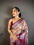 Pure Kanjivaram Silk Saree with Contrast Border & Rich Silver Zari Woven Pallu | Handloom Weaving | Running Work Blouse-BEIGE
