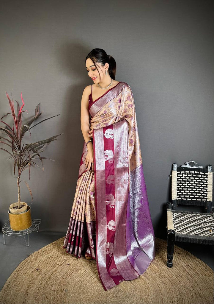 Pure Kanjivaram Silk Saree with Contrast Border &amp; Rich Silver Zari Woven Pallu | Handloom Weaving | Running Work Blouse-BEIGE