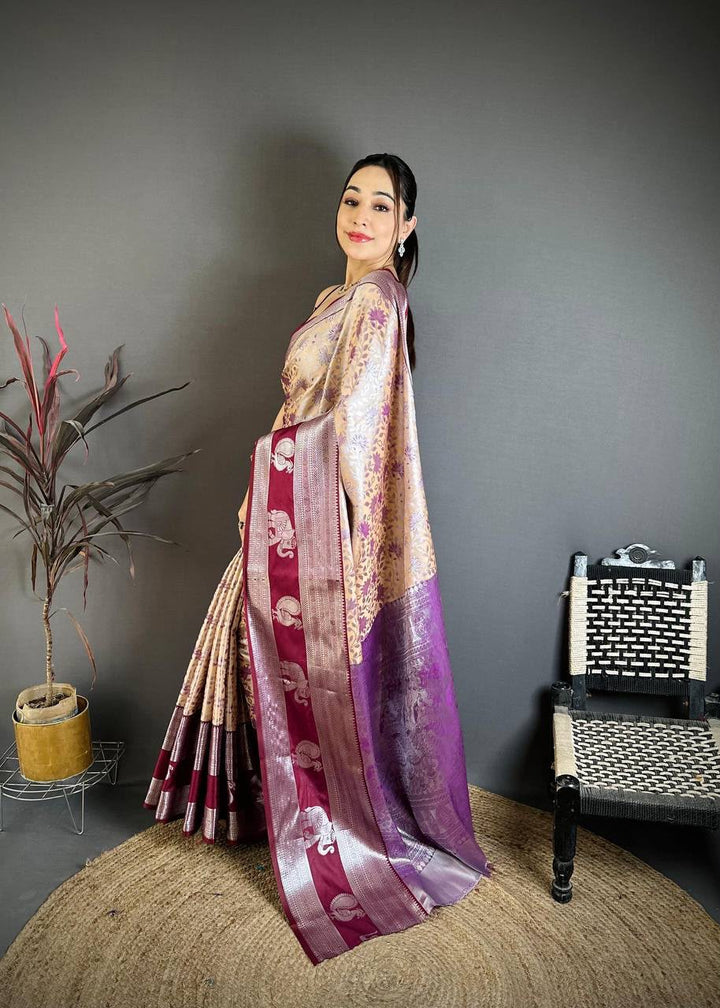 Pure Kanjivaram Silk Saree with Contrast Border &amp; Rich Silver Zari Woven Pallu | Handloom Weaving | Running Work Blouse-BEIGE