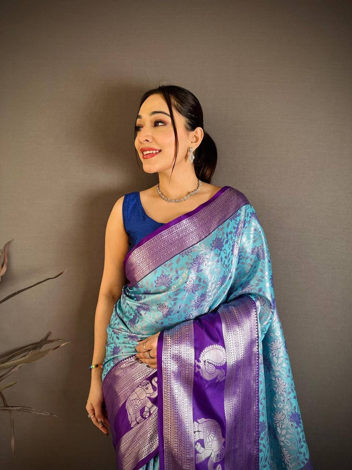 Pure Kanjivaram Silk Saree with Contrast Border &amp; Rich Silver Zari Woven Pallu | Handloom Weaving | Running Work Blouse-SKY