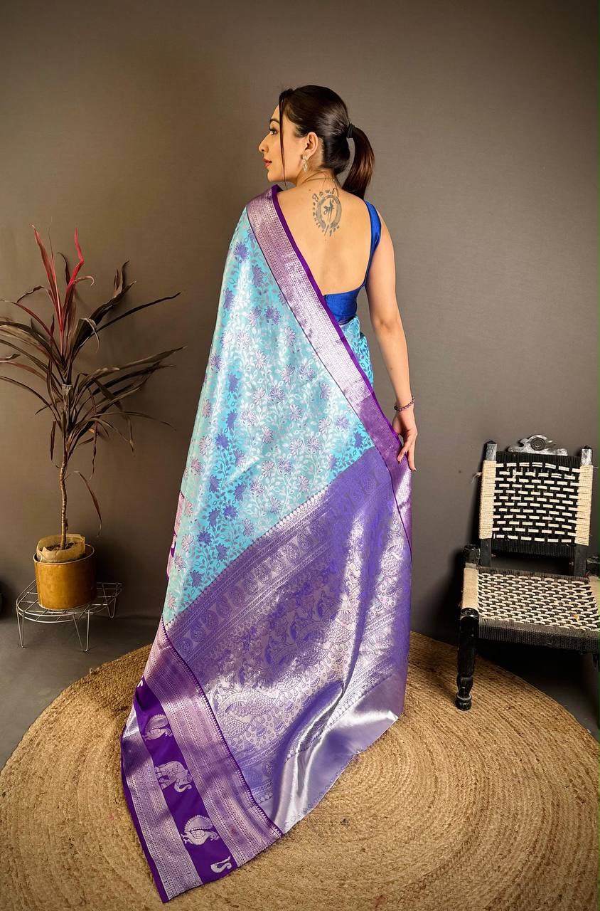 Pure Kanjivaram Silk Saree with Contrast Border &amp; Rich Silver Zari Woven Pallu | Handloom Weaving | Running Work Blouse-SKY