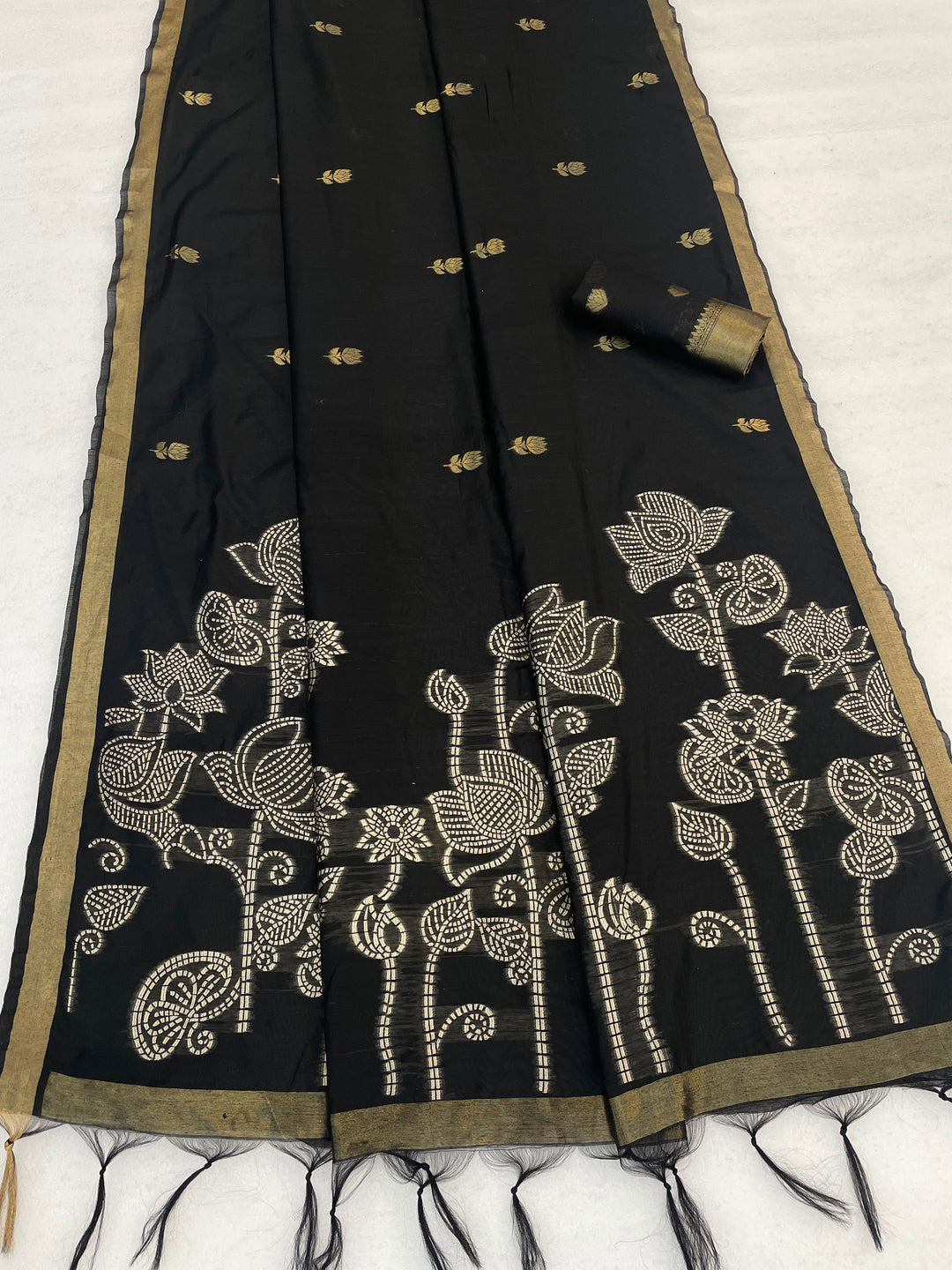 Maheshwari Cotton Gold Zari Silk Saree with Floral Woven Border ~ BLACK