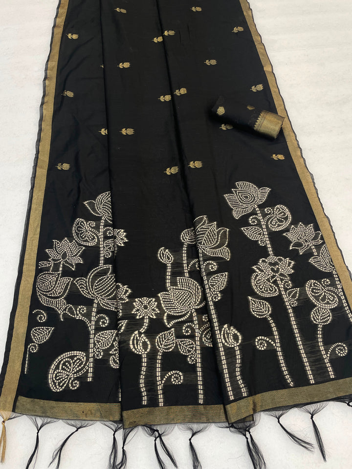 Maheshwari Cotton Gold Zari Silk Saree with Floral Woven Border ~ BLACK
