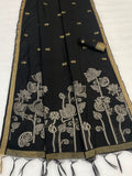 Maheshwari Cotton Gold Zari Silk Saree with Floral Woven Border ~ BLACK