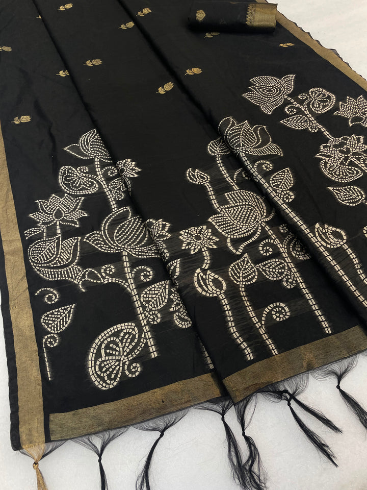 Maheshwari Cotton Gold Zari Silk Saree with Floral Woven Border ~ BLACK