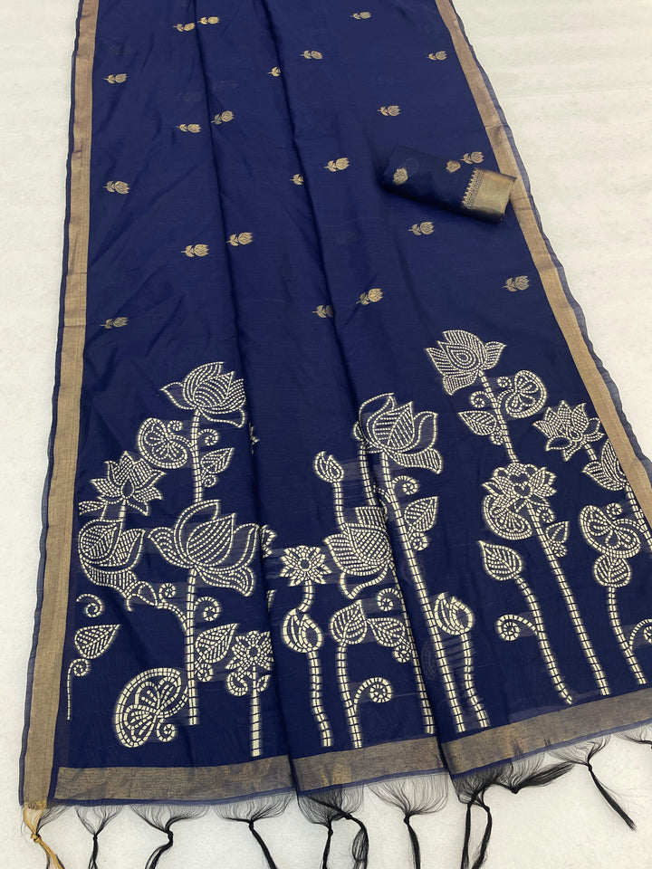 Maheshwari Cotton Gold Zari Silk Saree with Floral Woven Border ~ BLUE