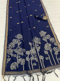 Maheshwari Cotton Gold Zari Silk Saree with Floral Woven Border ~ BLUE