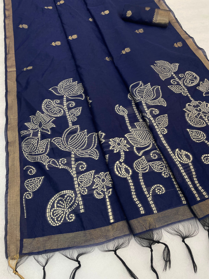 Maheshwari Cotton Gold Zari Silk Saree with Floral Woven Border ~ BLUE