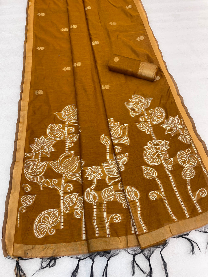 Maheshwari Cotton Gold Zari Silk Saree with Floral Woven Border ~ YELLOW