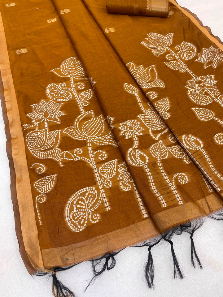 Maheshwari Cotton Gold Zari Silk Saree with Floral Woven Border ~ YELLOW