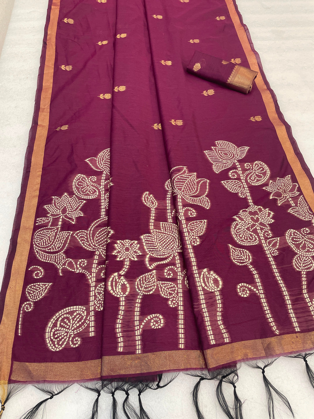 Maheshwari Cotton Gold Zari Silk Saree with Floral Woven Border ~ RANI PINK