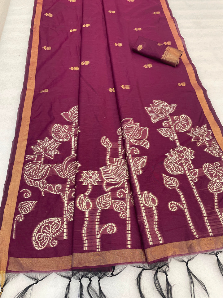 Maheshwari Cotton Gold Zari Silk Saree with Floral Woven Border ~ RANI PINK