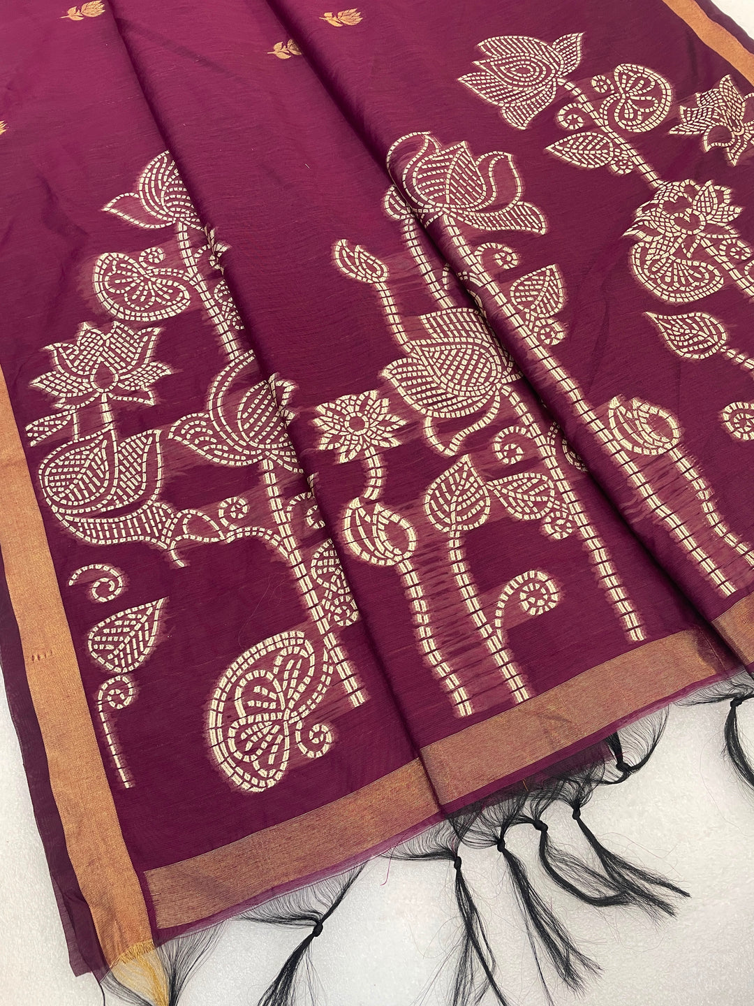 Maheshwari Cotton Gold Zari Silk Saree with Floral Woven Border ~ RANI PINK