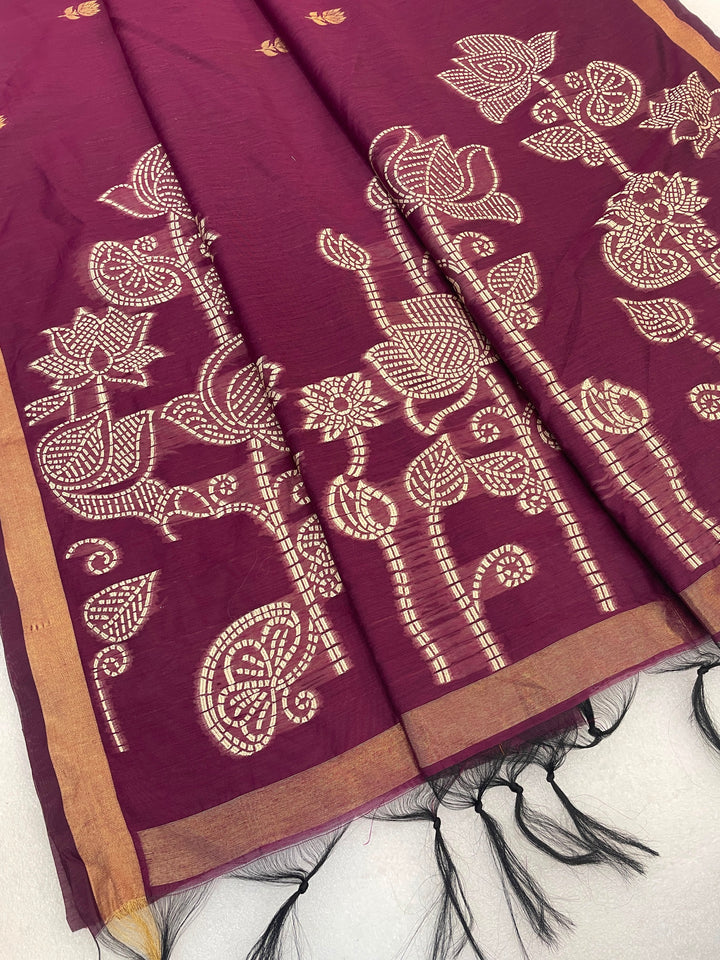 Maheshwari Cotton Gold Zari Silk Saree with Floral Woven Border ~ RANI PINK