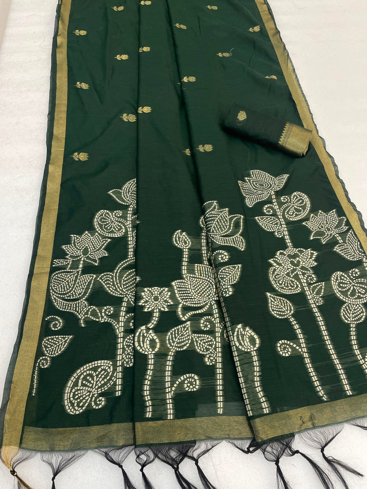 Maheshwari Cotton Gold Zari Silk Saree with Floral Woven Border ~ DARK GREEN