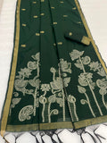 Maheshwari Cotton Gold Zari Silk Saree with Floral Woven Border ~ DARK GREEN