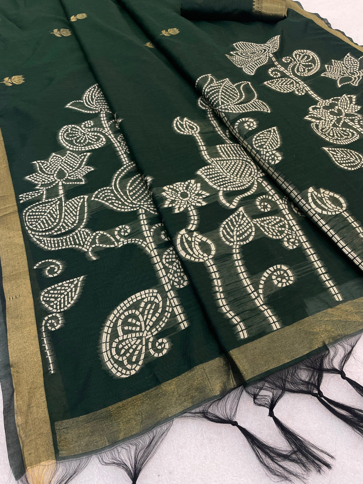 Maheshwari Cotton Gold Zari Silk Saree with Floral Woven Border ~ DARK GREEN