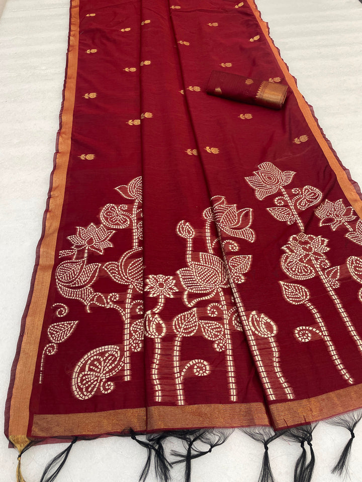Maheshwari Cotton Gold Zari Silk Saree with Floral Woven Border ~ RED