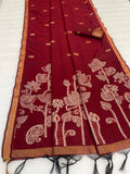 Maheshwari Cotton Gold Zari Silk Saree with Floral Woven Border ~ RED