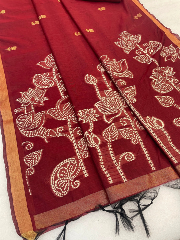 Maheshwari Cotton Gold Zari Silk Saree with Floral Woven Border ~ RED