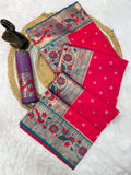 Traditional Paithani Silk Saree with Peacock Zari Border & Contrast Pallu-RED