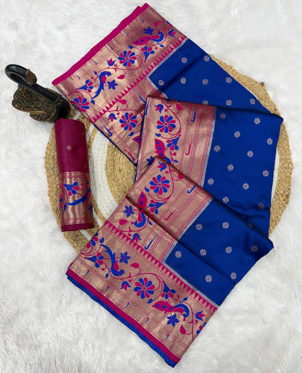 Traditional Paithani Silk Saree with Peacock Zari Border &amp; Contrast Pallu-BLUE