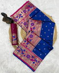 Traditional Paithani Silk Saree with Peacock Zari Border & Contrast Pallu-BLUE