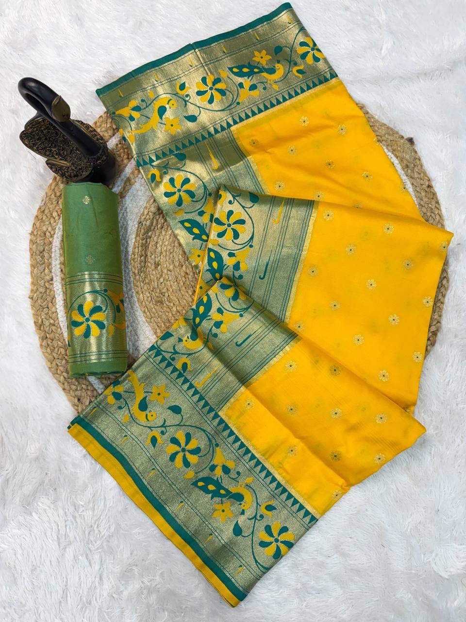 Traditional Paithani Silk Saree with Peacock Zari Border &amp; Contrast Pallu-YELLOW