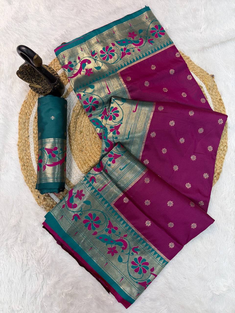 Traditional Paithani Silk Saree with Peacock Zari Border &amp; Contrast Pallu-WINE