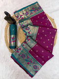 Traditional Paithani Silk Saree with Peacock Zari Border & Contrast Pallu-WINE