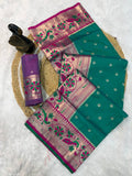 Traditional Paithani Silk Saree with Peacock Zari Border & Contrast Pallu-GREEN