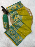 Traditional Paithani Silk Saree with Peacock Zari Border & Contrast Pallu-MEHENDI