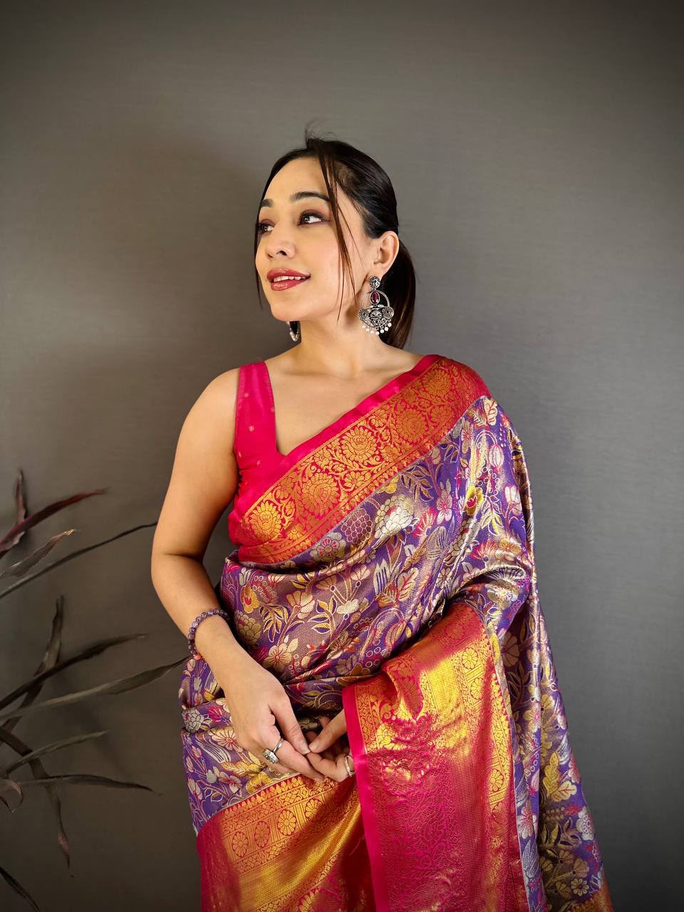 Kanjivaram Semi Silk Saree with Contrast Zari Border &amp; Rich Weaving Pallu = PURPLE